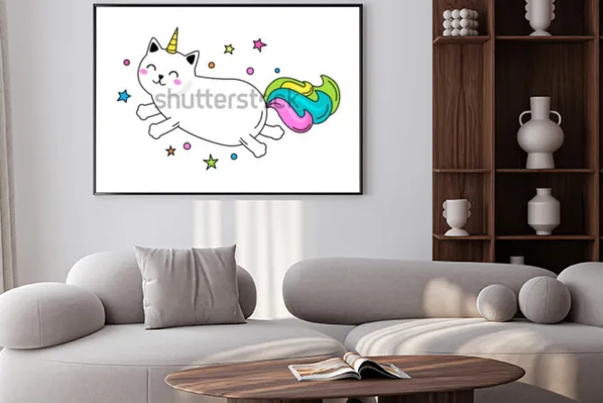 Plakat: Zabawna postać kota jednorożca skacze po niebie. ilustracja wektorowa