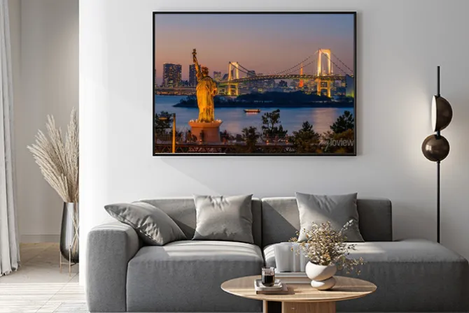 Plakat: Zachód słońca nad dzielnicą odaiba w tokio