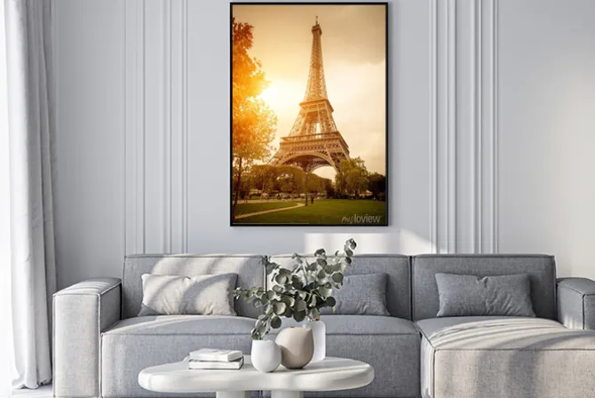 Plakat: Zachód słońca w paryżu z wieżą eiffla