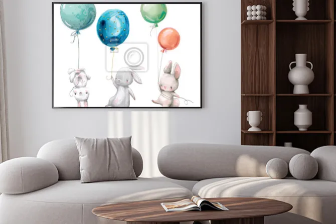 Plakat: Zajączki trzymające kolorowe baloniki