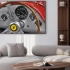 Plakat: Zbliżenie na retro deskę rozdzielczą i kierownicę ferrari