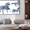 Plakat: Zestaw trzech niebieskich wzorzystych sylwetki koni uruchomione
