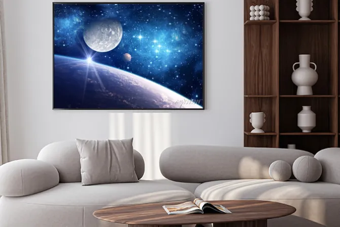 Plakat: Ziemia i księżyc w gwiaździstym kosmosie