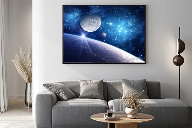 Plakat: Ziemia i księżyc w gwiaździstym kosmosie