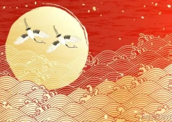 Tapeta: 鶴 初 日 の 出 波紋 金 赤