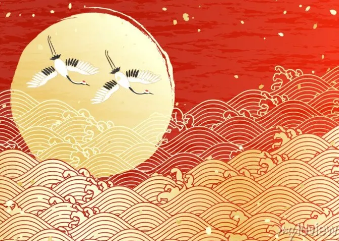 Tapeta: 鶴 初 日 の 出 波紋 金 赤