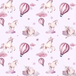 Tapeta: Akwarela bezszwowe wzór z pływające jednorożca, chmury, gwiazdy.