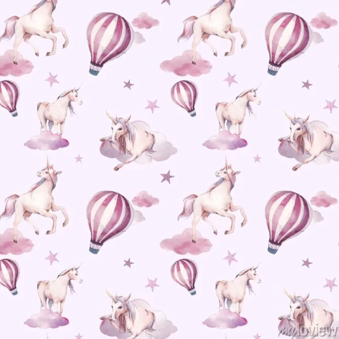 Tapeta: Akwarela bezszwowe wzór z pływające jednorożca, chmury, gwiazdy.