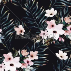 Tapeta: Akwarela egzotyczny wzór, zielone liście tropikalne, kwiaty,