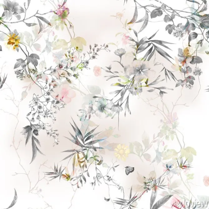 Tapeta: Akwarela obraz liść i kwiaty, bezszwowy wzór na białym tle