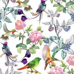 Tapeta: Akwarela ręcznie rysowane wzór z piękne kwiaty i kolorowe ptaki