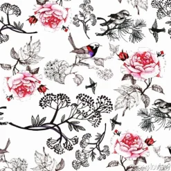 Tapeta: Akwarela ręcznie rysowane wzór z piękne kwiaty i kolorowe ptaki