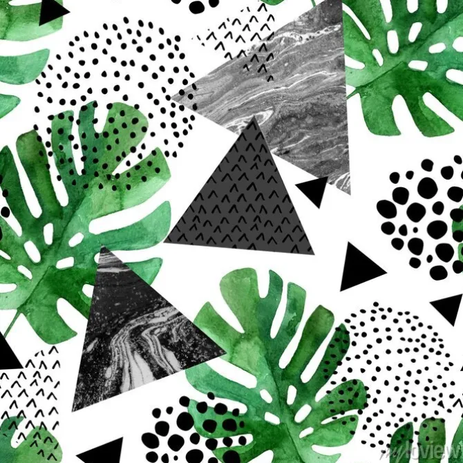 Tapeta: Akwarela tropikalnych liści i teksturowane tła trójkąty