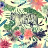 Tapeta: Akwarela wzór z tygrysy, pawie, liście, kwiaty.