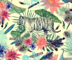 Tapeta: Akwarela wzór z tygrysy, pawie, liście, kwiaty.