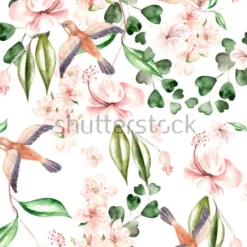 Tapeta: Akwarela wzór z wiosennych kwiatów, liści eukaliptusa i ptaków.