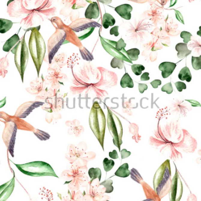 Tapeta: Akwarela wzór z wiosennych kwiatów, liści eukaliptusa i ptaków.