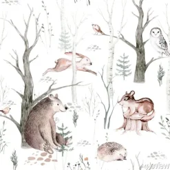 Tapeta: Akwarela zwierząt leśnych w stylu skandynawskim