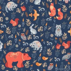 Tapeta: Bajkowy las. lis, niedźwiedź, szop, sowy, króliki, kwiaty i zioła