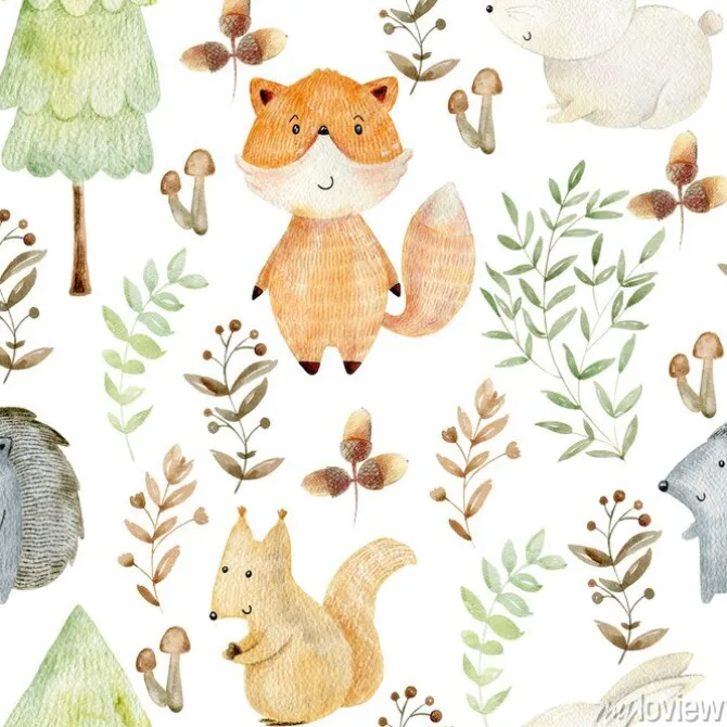 Tapeta: Bajkowy wzór w leśne zwierzęta akwarela