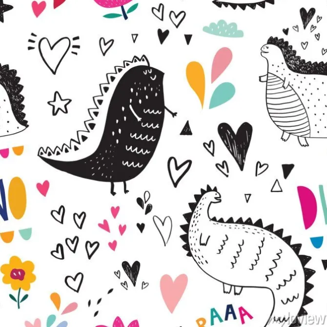 Tapeta: Bez szwu deseń z cute czarny dinozaurów w naturze
