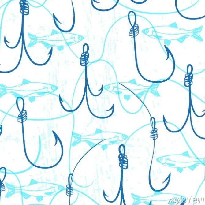 Tapeta: Bez szwu deseń z haki rybackie i ryby / tusz ręcznie rysowane