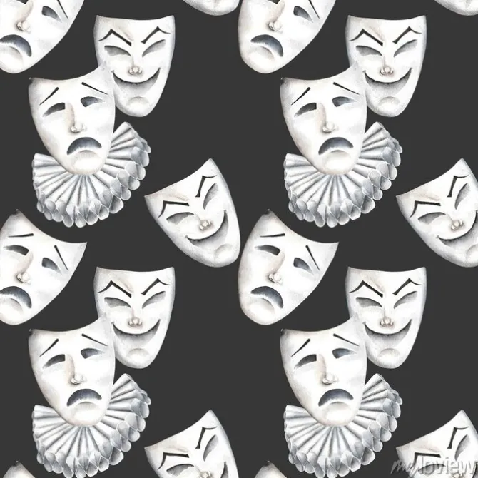 Tapeta: Bez szwu deseń z teatru maski śmiechu i smutek emocji, ręcznie