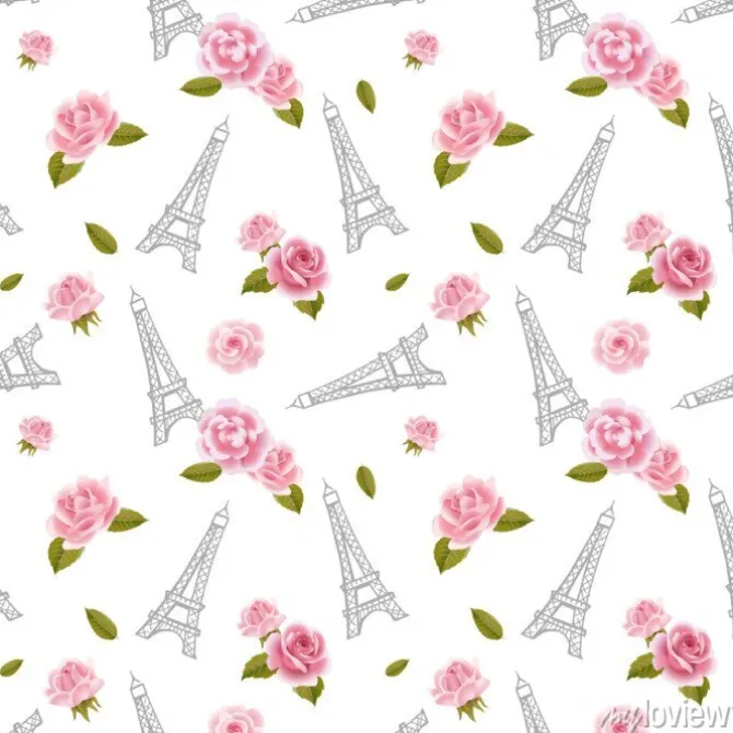 Tapeta: Bez szwu deseń z wieży eiffla i róże na białym tle.