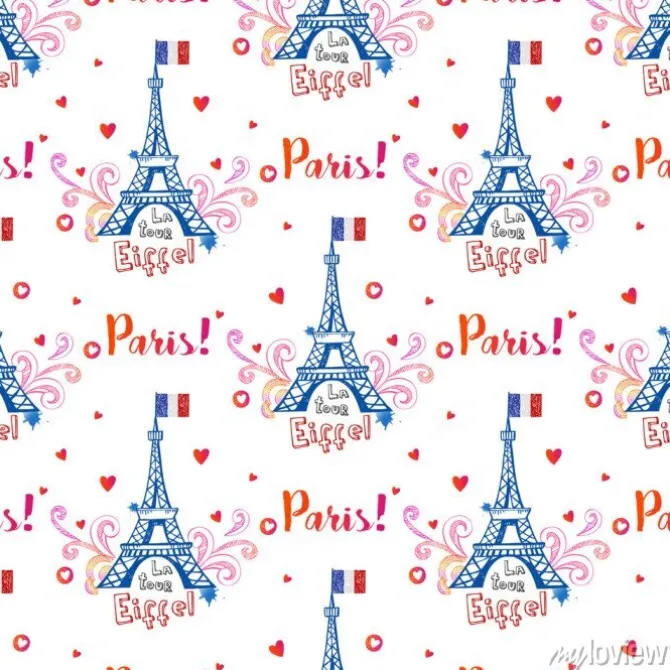 Tapeta: Bez szwu deseń z wieży eiffla i ozdoby na białym tle.
