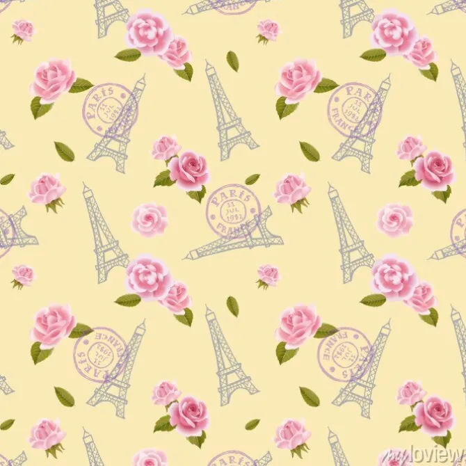 Tapeta: Bez szwu deseń z wieży eiffla i róże na białym tle.