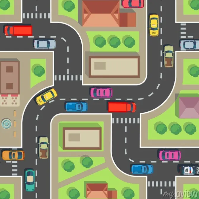 Tapeta: Bezproblemowa mapa miasta. widok z góry na budynek i ulicę z