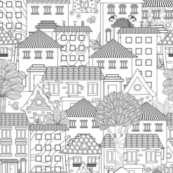 Tapeta: Bezszwowa tekstura z śmiesznymi domami i drzewami dla kolorystyki