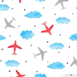 Tapeta: Bezszwowy chłopiec wzór z akwareli samolotami, chmurami i.