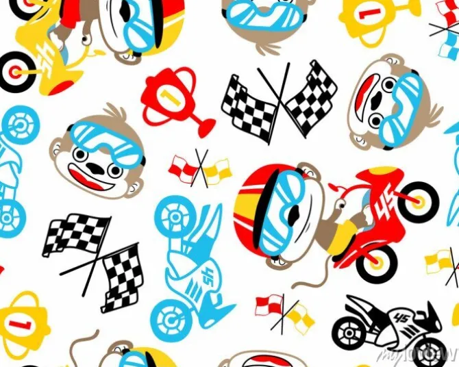 Tapeta: Bezszwowy deseniowy wektor z śmieszną motorowego setkarza kreskówki