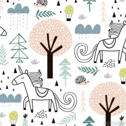 Tapeta: Bezszwowy dziecięcy wzór z czarodziejską jednorożec, jeż w drewnie.