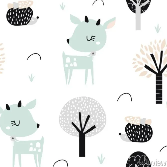 Tapeta: Bezszwowy dziecięcy wzór z ślicznym rogaczem, jeż w drewnie.