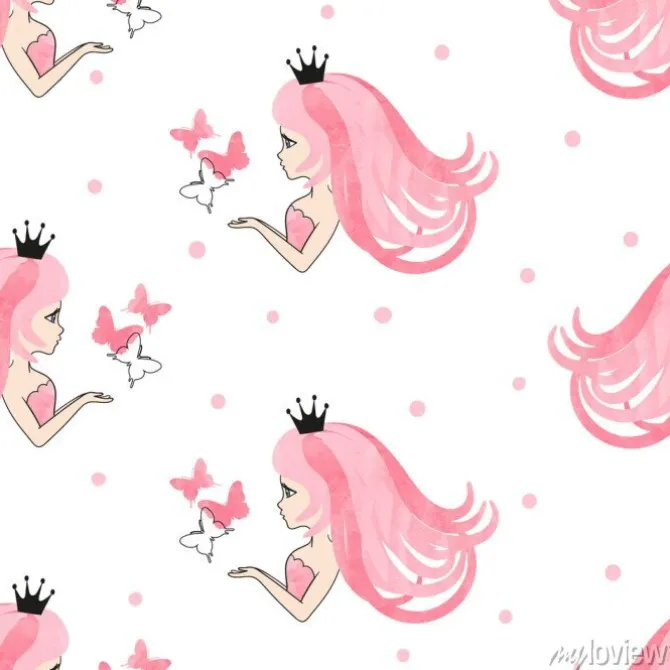 Tapeta: Bezszwowy princess wzór z pięknymi dziewczynami i motylami.