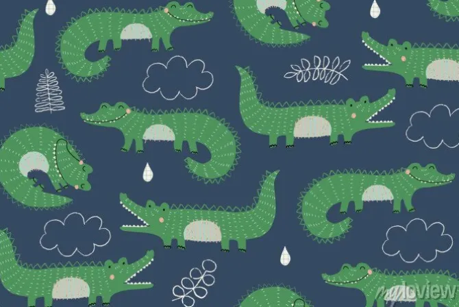 Tapeta: Bezszwowy wektoru wzór z ślicznymi krokodylami w zieleni na błękitnym