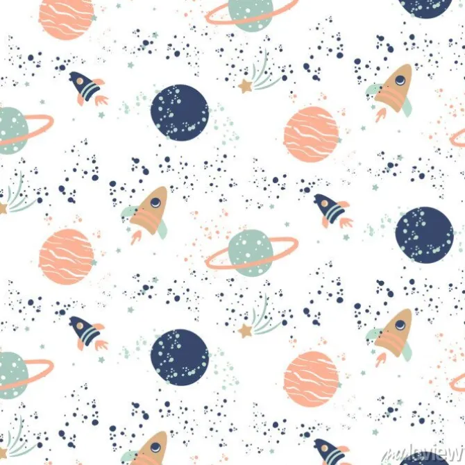 Tapeta: Bezszwowy wektoru wzór z planetami i statkami kosmicznymi.