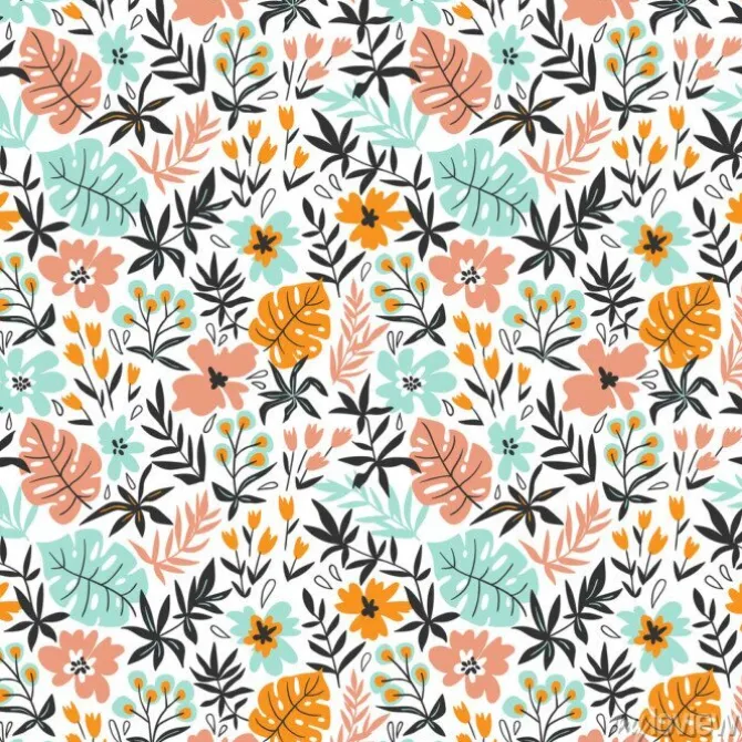 Tapeta: Bezszwowy wzór z dzikimi tropikalnymi roślinami i kwiatami. zwrotnik