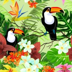 Tapeta: Bezszwowy wzór z tropikalnymi kwiatami i ptakami