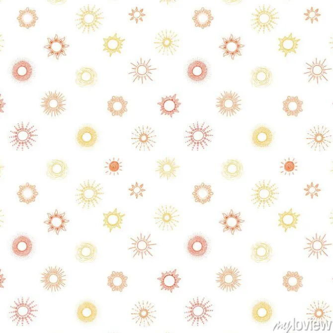Tapeta: Bezszwowy wzór z żółtym i pomarańczowym doodle słońcem na białym