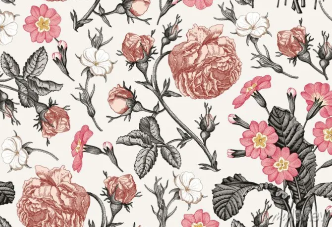 Tapeta: Białe i różowe kwiaty retro na białym tle