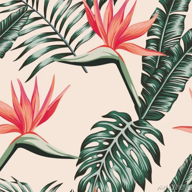 Tapeta: Bird of paradise leaves green color tropical seamless pattern