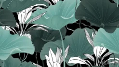 Tapeta: Botaniczny wzór, liście lotosu, rośliny i winorośli na czarnym