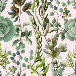 Tapeta: Botaniczny wzór z liśćmi na różowym tle