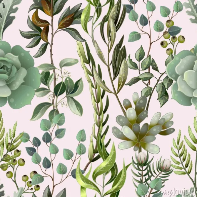 Tapeta: Botaniczny wzór z liśćmi na różowym tle