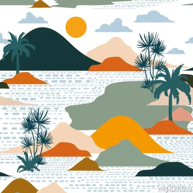 Tapeta: Bright and colorful silhouette of island , palm tree,beach,mountain