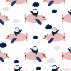 Tapeta: Cartoon penguin flies on airplane, animal pilot, childish vector