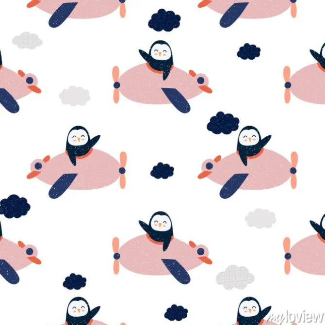 Tapeta: Cartoon penguin flies on airplane, animal pilot, childish vector
